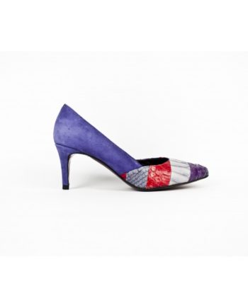 zapatos salon de mujer en ante violeta y piton patchwork
