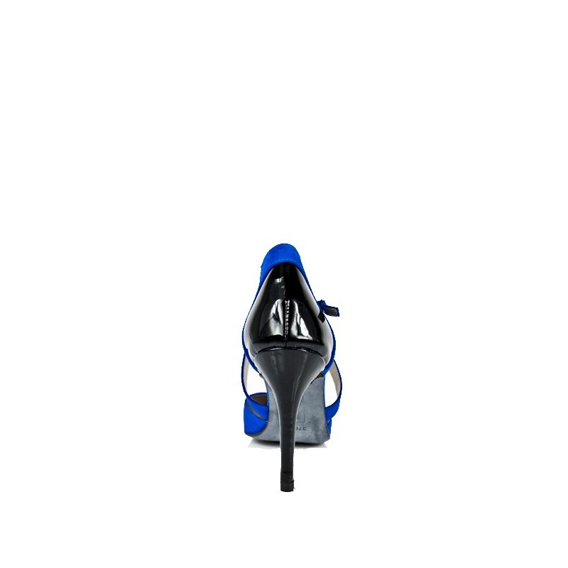 zapatos azules de novia con taconazo en ante y charol negro