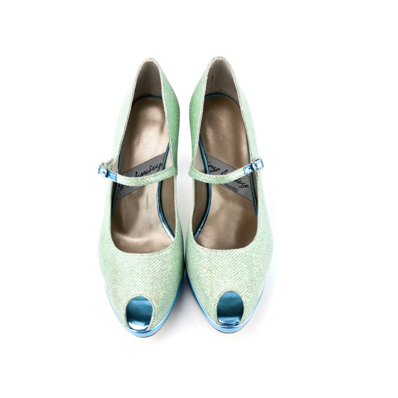 zapatos de novia en glitter verde aguamarina y tacon de 8 cm y plataforma en piel metalizada azul mar