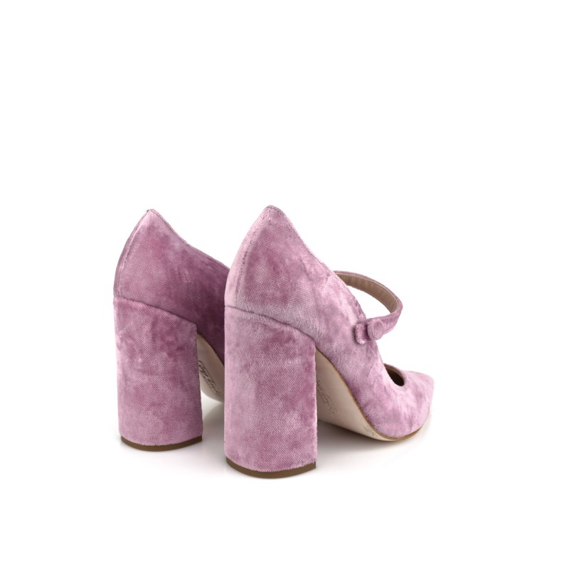 zapatos de novia en terciopelo malva rosa con tacon ancho de 9 cm