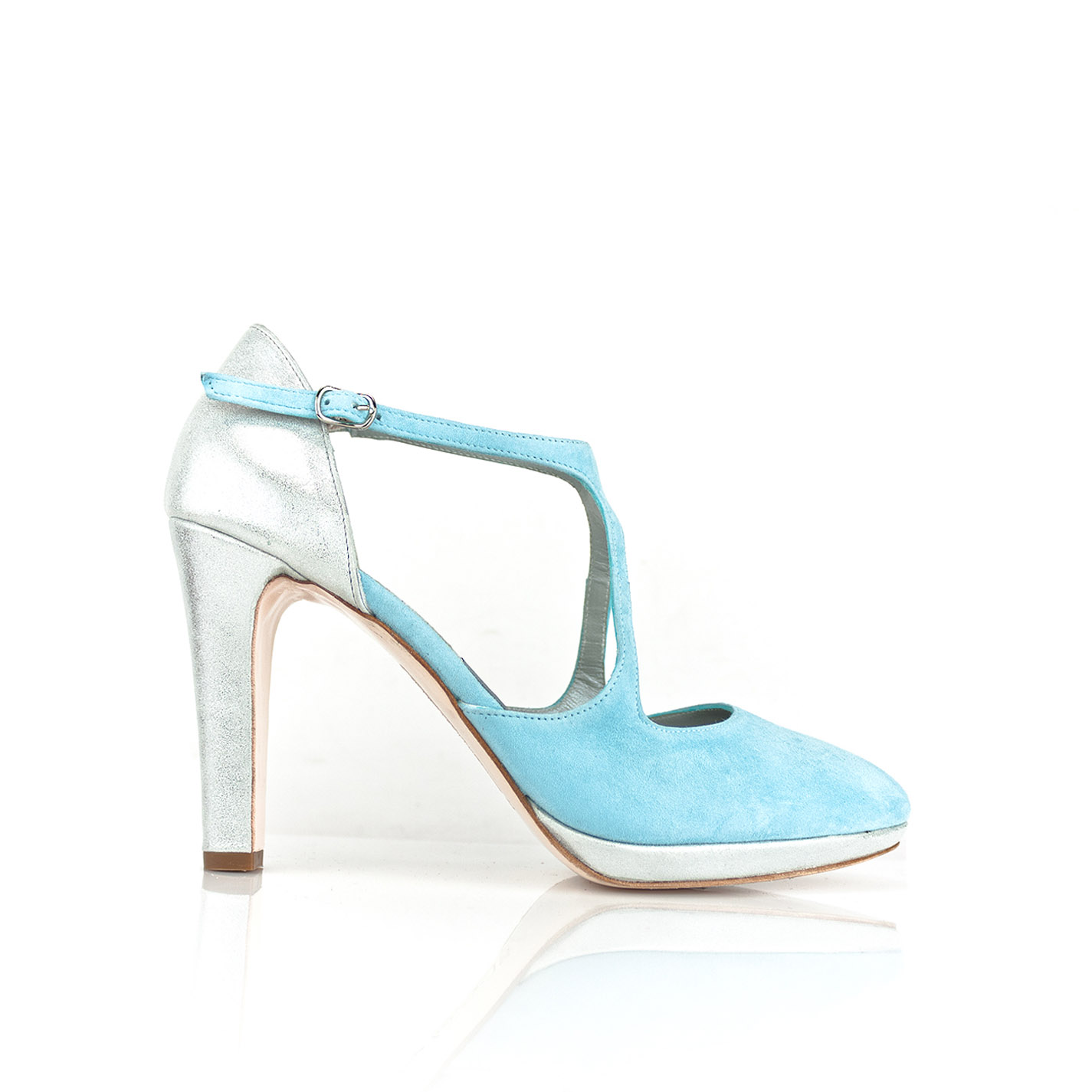zapato de salon ante azul y plata en tacon de 9 cm y plataforma