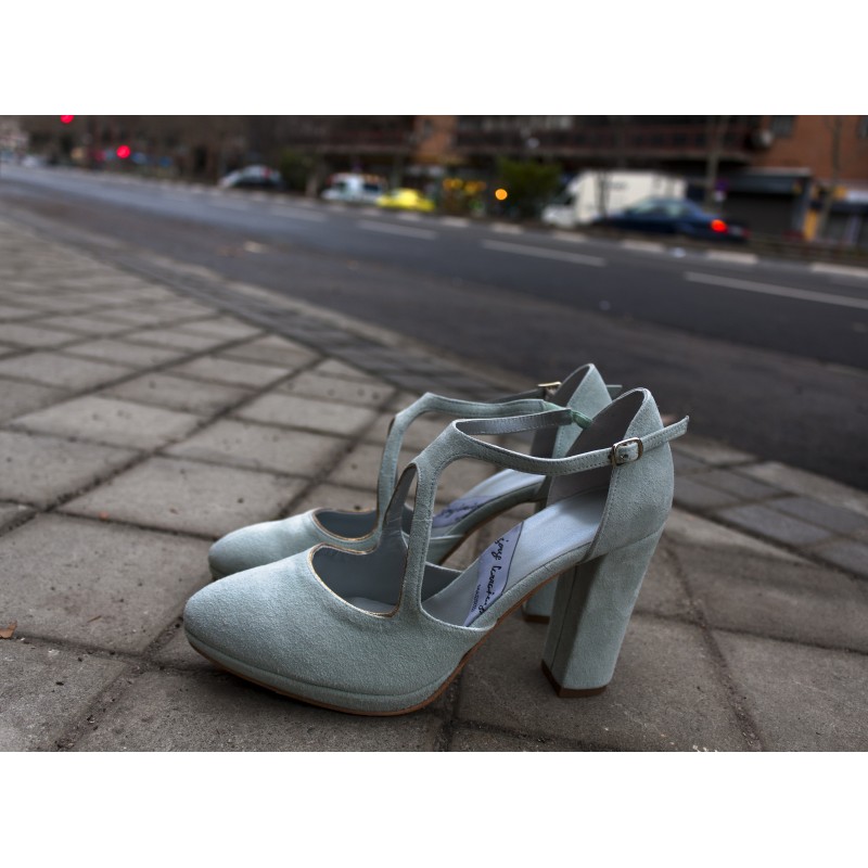 zapatos de novia tacon ancho color azul verdoso zafiro tacon de 8 cm y plataforma