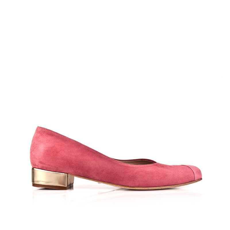 zapatos planos mujer en ante rosa y tacon dorado en piel metalizada espejo