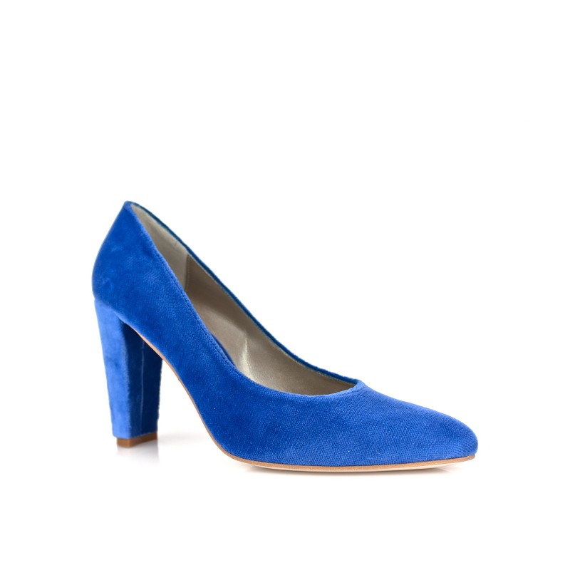 zapato salon de mujer en terciopelo azul tacon ancho de 9cm