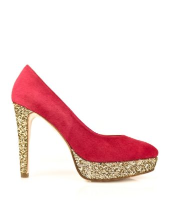 zapato-salon-mujer-en ante rojo con plataforma y tacon de 11 cm en glitter dorado