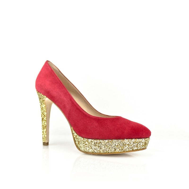 zapatos rojos de fiesta en ante dorado con mucho brillo