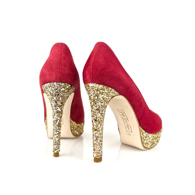gloria Cantidad de dinero lavar zapatos rojos de fiesta en ante y glitter dorado con mucho brillo