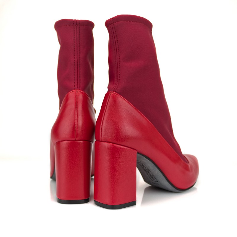 botines mujer rojos en piel y caña elastica con tacon acampanado de 8 cm