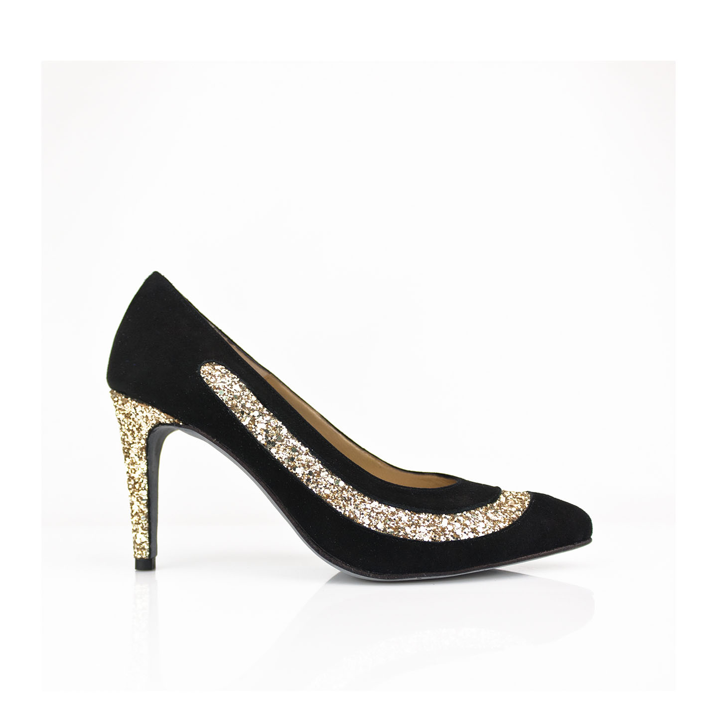 Zapatos de mujer stilettos de fiesta en ante negro glitter oro