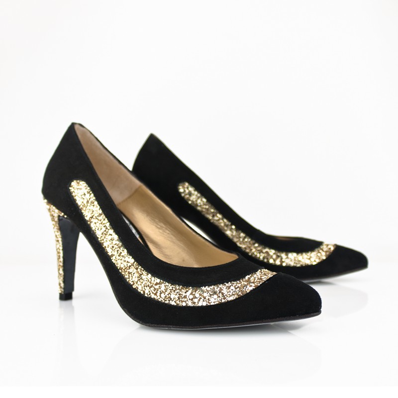 zapatos de fiesta de mujer con tacon de 8 cm en ante negro y tacon en glitter oro dorado