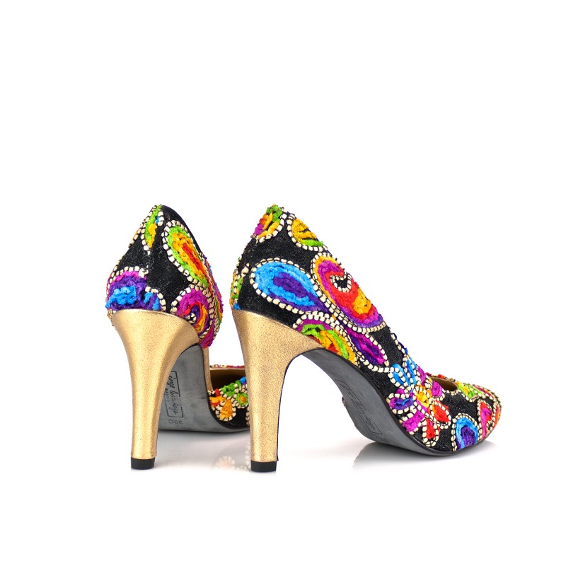 Zapatos de mujer stilettos tacon 8 en tejido fantasia y piel