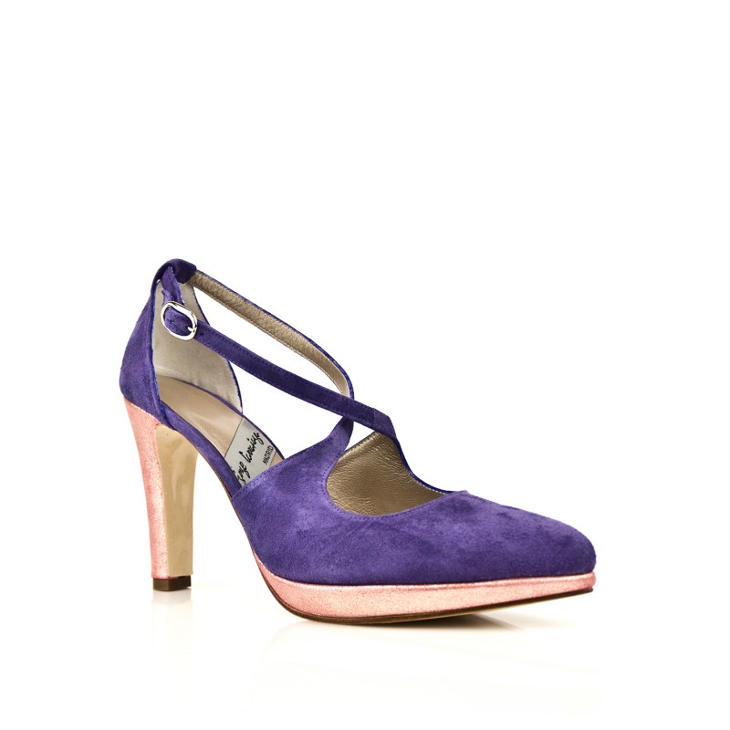 zapatos salon fiesta plataforma y tacon 9 cm rosas y violeta piel