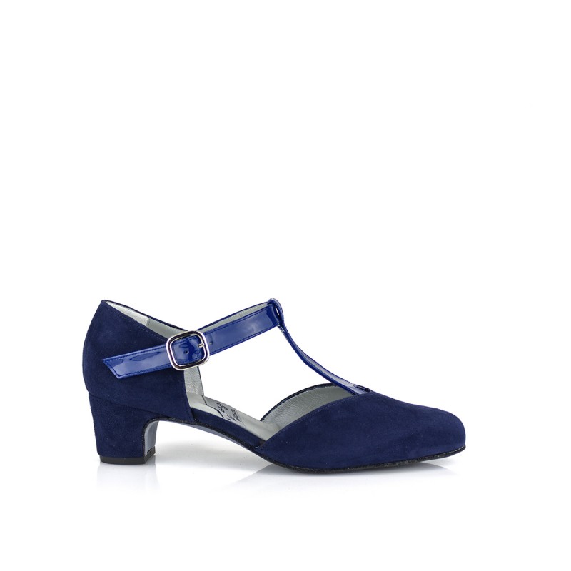 zapato mujer con pulsera en y azul con tacon de 4
