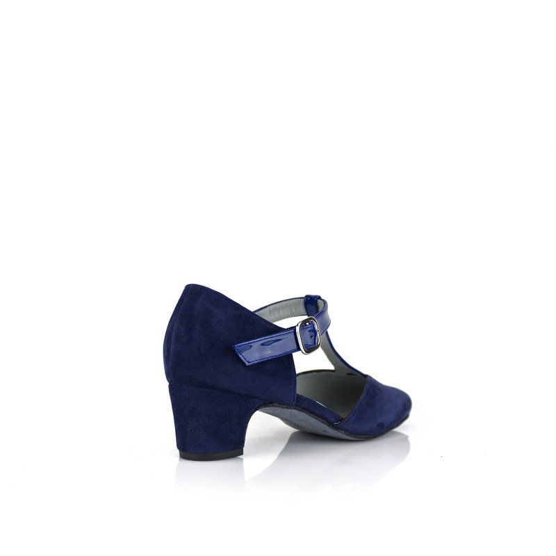 zapatos azules en ante y charol con pulsera y hebilla tacon 4 cm
