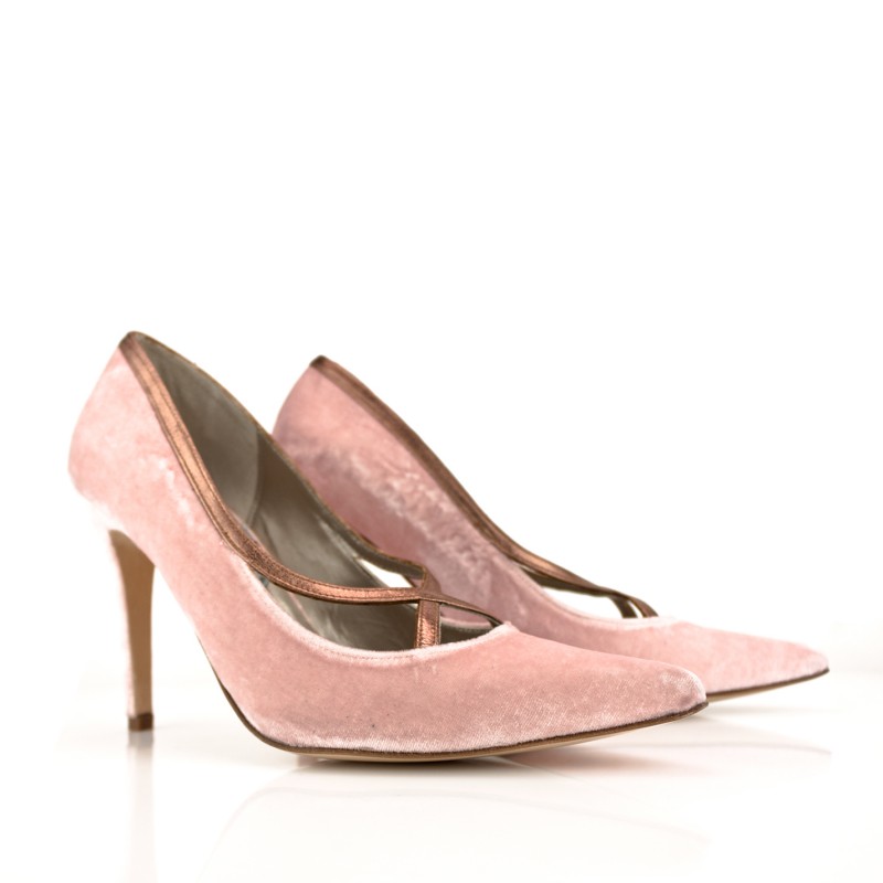 zapatos salon de mujer stilettos en terciopelo rosa con tacon de 10 cm