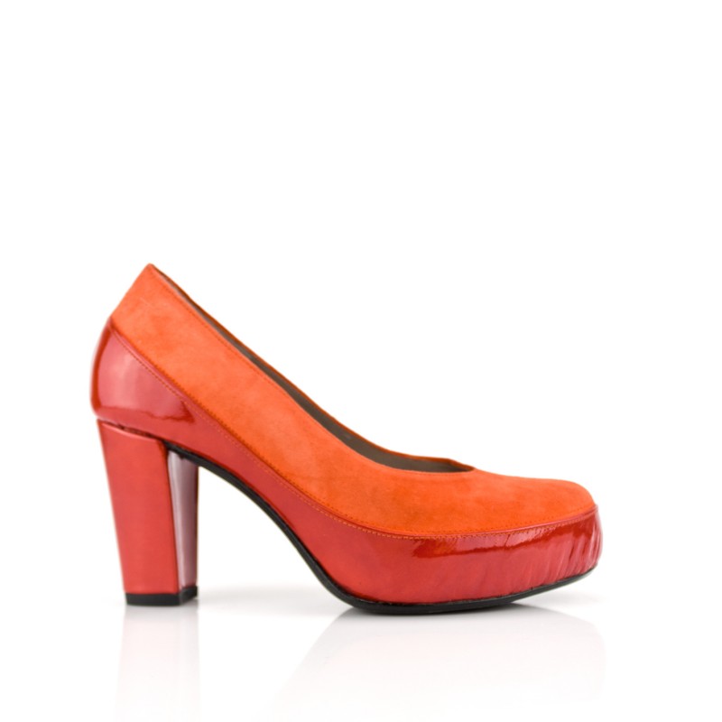 zapatos salon de mujer naranjas en ante y charol tacon 8 cm