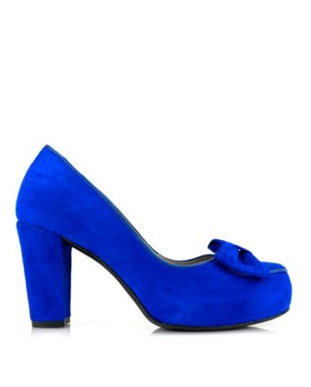 zapatos azules de mujer salon con tacon ancho de 8 cm con lazo