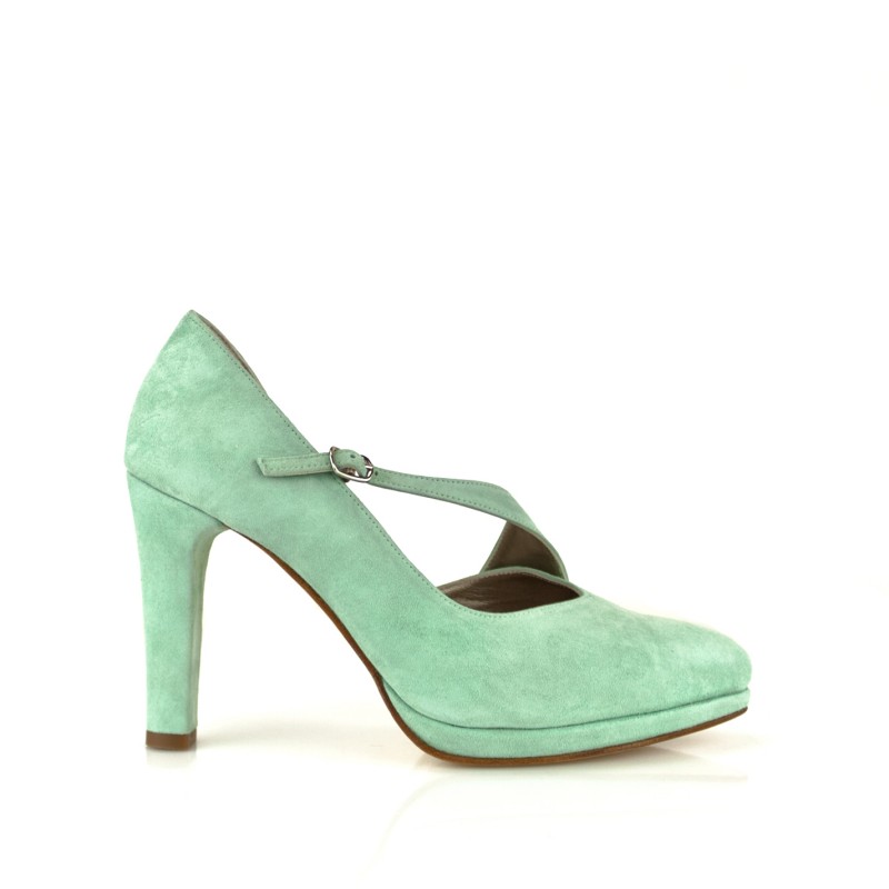 Zapatos salon en ante verde con plataforma y tacon ancho cm elegante