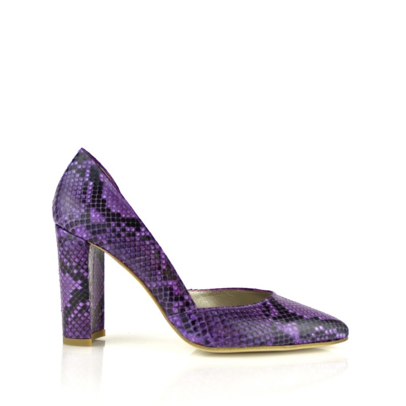 zapatos salon stilettos piton rojo o violeta con tacon de 8 cm ancho o fino