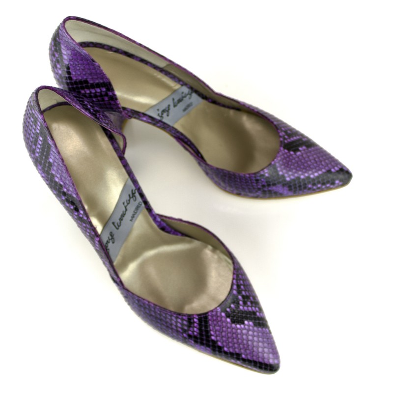 zapatos salon stilettos piton rojo o violeta con tacon de 8 cm ancho o fino