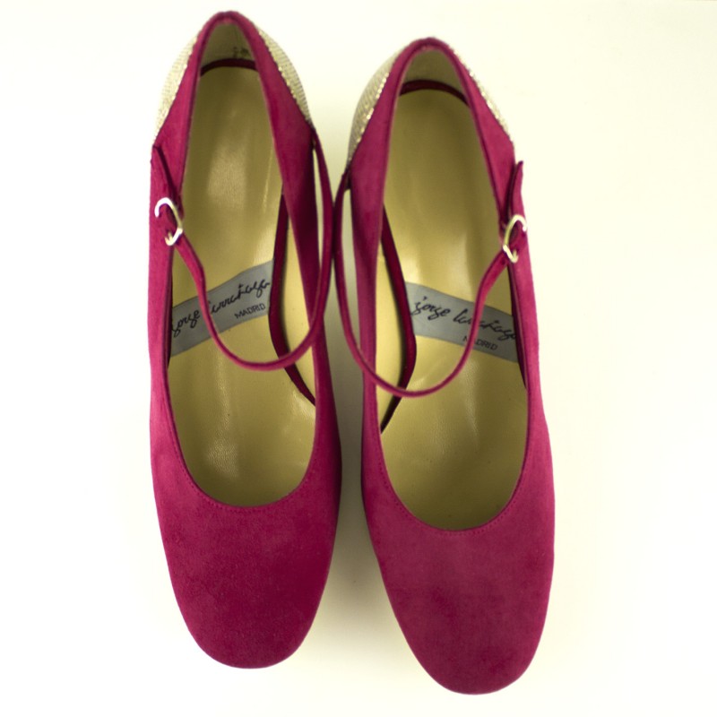 zapatos salon de mujer de novia color vino con tacon ancho glitter 8 cm