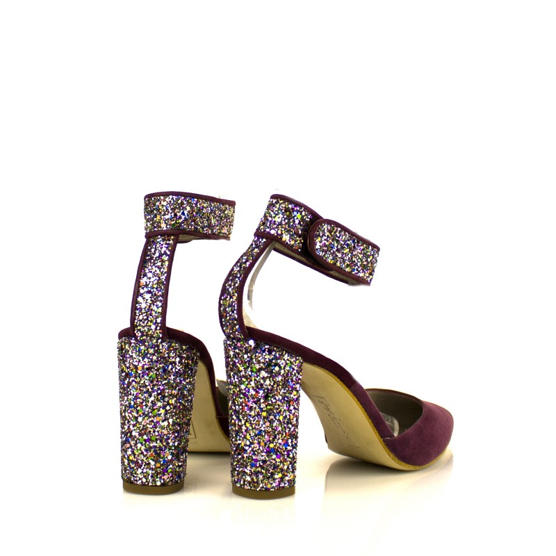 zapatos de fiesta en ante rioja rojo y tacon ancho de 8 cm en glitter