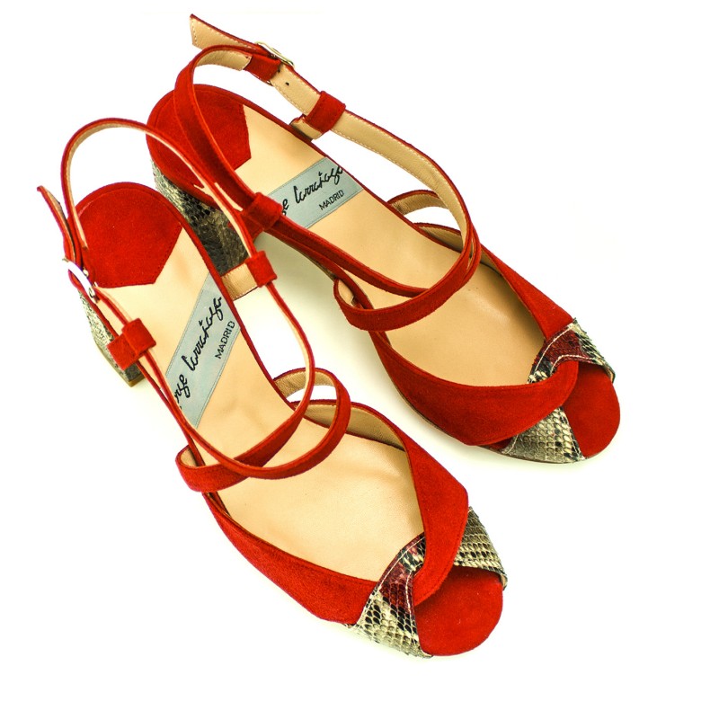 sandalias de mujer rojas en ante con tacon ancho en piton rojo 7cm