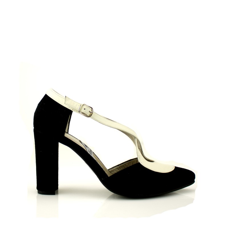 zapatos de fiesta mujer tipo salon en ante negro con tacón ancho 8 cm